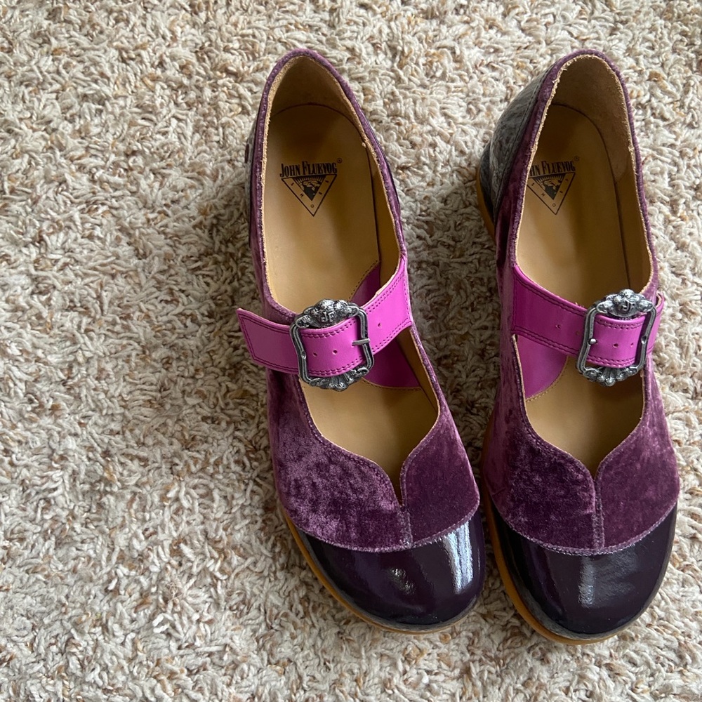 Brand new John Fluevog Women's Purple and Pink Velvet Flats